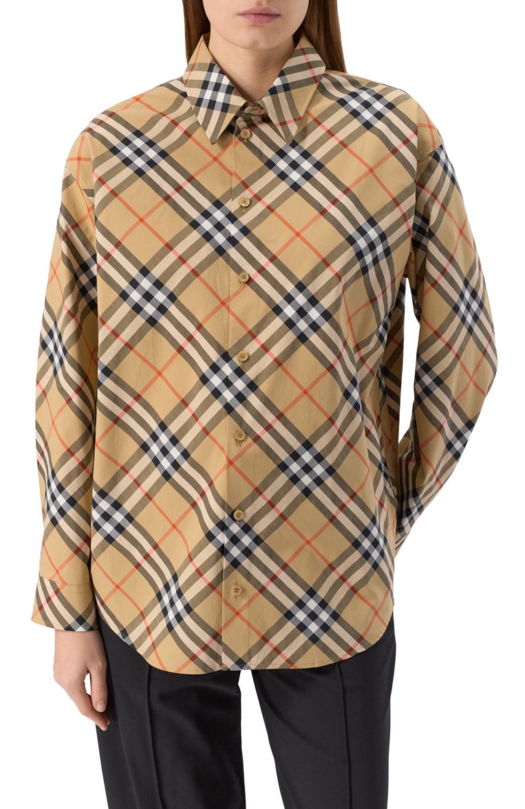 Женская хлопковая рубашка BURBERRY бежевого цвета, арт. 8106164 | Фото 3 (Длина (для топов): Удлиненные; Материал внешний: Хлопок; Рукава: Длинные; Женское Кросс-КТ: Рубашка-одежда; Принт: С принтом, Клетка; Стили: Классический; Автоматизация состава: Проставлено; Автоматизация ТО: Проставлено)