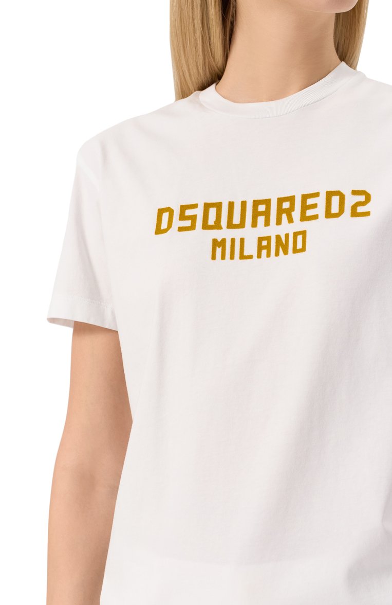 Женская хлопковая футболка DSQUARED2 белого цвета, арт. S75GD0471/D20020 | Фото 5 (Рукава: Короткие; Длина (для топов): Стандартные; Материал внешний: Хлопок; Женское Кросс-КТ: Футболка-одежда; Стили: Кэжуэл; Принт: С принтом)