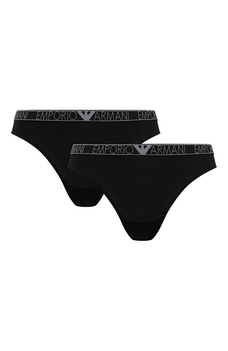 Женские комплект из двух трусов-стрингов EMPORIO ARMANI черного цвета, арт. 163333/4R223 | Фото 1 (Материал внешний: Хлопок; Нос: Не проставлено)