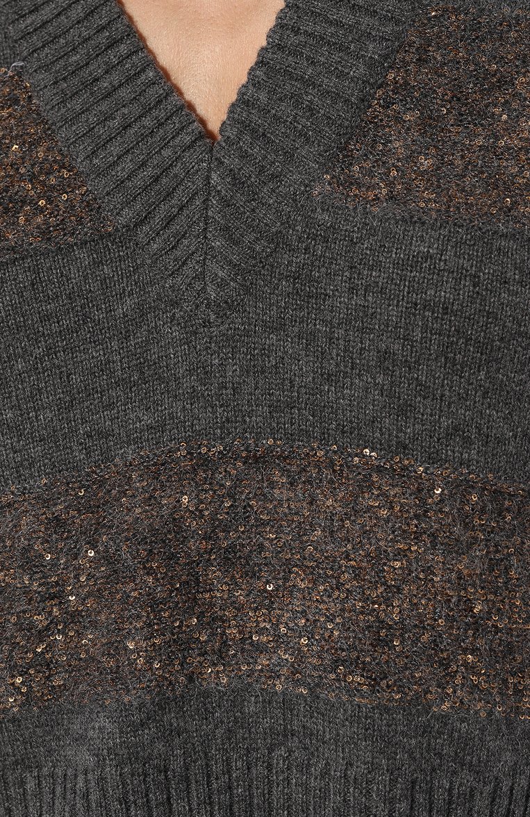 Женский жилет из шерсти и кашемира BRUNELLO CUCINELLI темно-серого цвета, арт. M1670B1251 | Фото 5 (Материал внешний: Шерсть, Кашемир; Длина (верхняя одежда): Короткие; Материал сплава: Проставлено; Драгоценные камни: Проставлено; Стили: Кэжуэл; Кросс-КТ: Трикотаж)