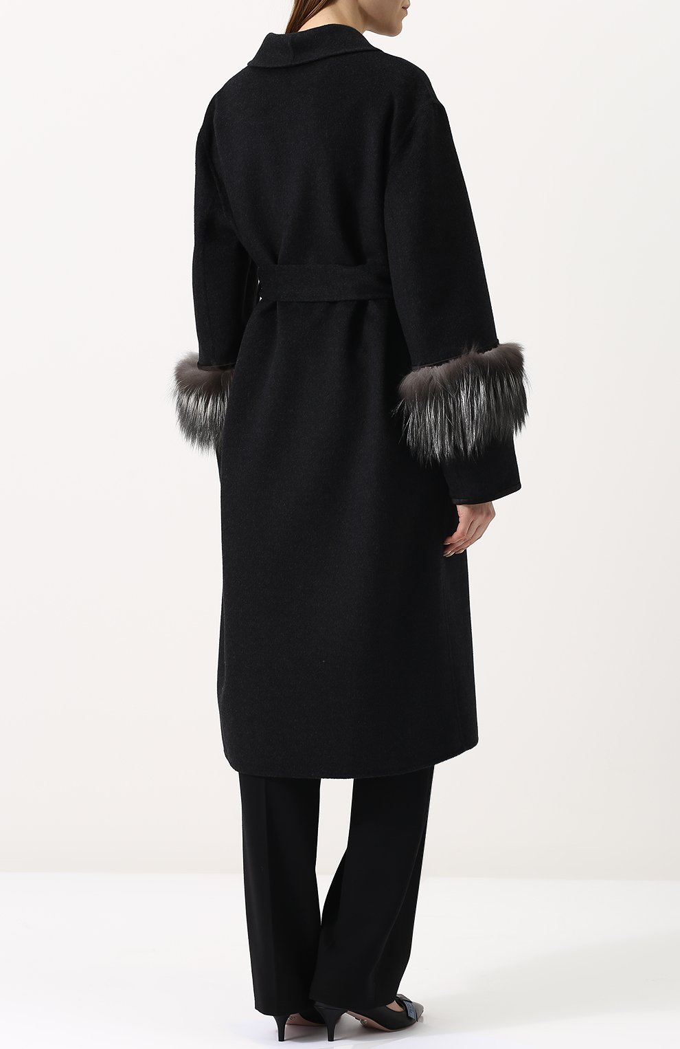 Шерстяное пальто с поясом и меховой отделкой рукавов PRADA, арт. P601HP-1P7P-F0542, фото 4
