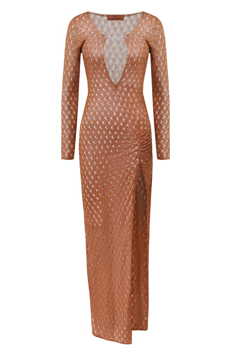 Женское платье из вискозы MISSONI бронзового цвета, арт. MS24SQ01/BR00TC | Фото 1 (Длина Ж (юбки, платья, шорты): Макси; Материал внешний: Вискоза; Случай: Повседневный; Женское Кросс-КТ: Платье-пляжная одежда, Платье-одежда; Стили: Кэжуэл; Рукава: Длинные)