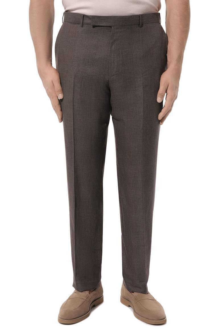 Мужские брюки из шерсти и льна ZEGNA темно-коричневого цвета, арт. 749F09A7/75TB12 | Фото 3 (Материал внешний: Шерсть, Лен; Длина (брюки, джинсы): Стандартные; Стили: Кэжуэл; Случай: Повседневный)