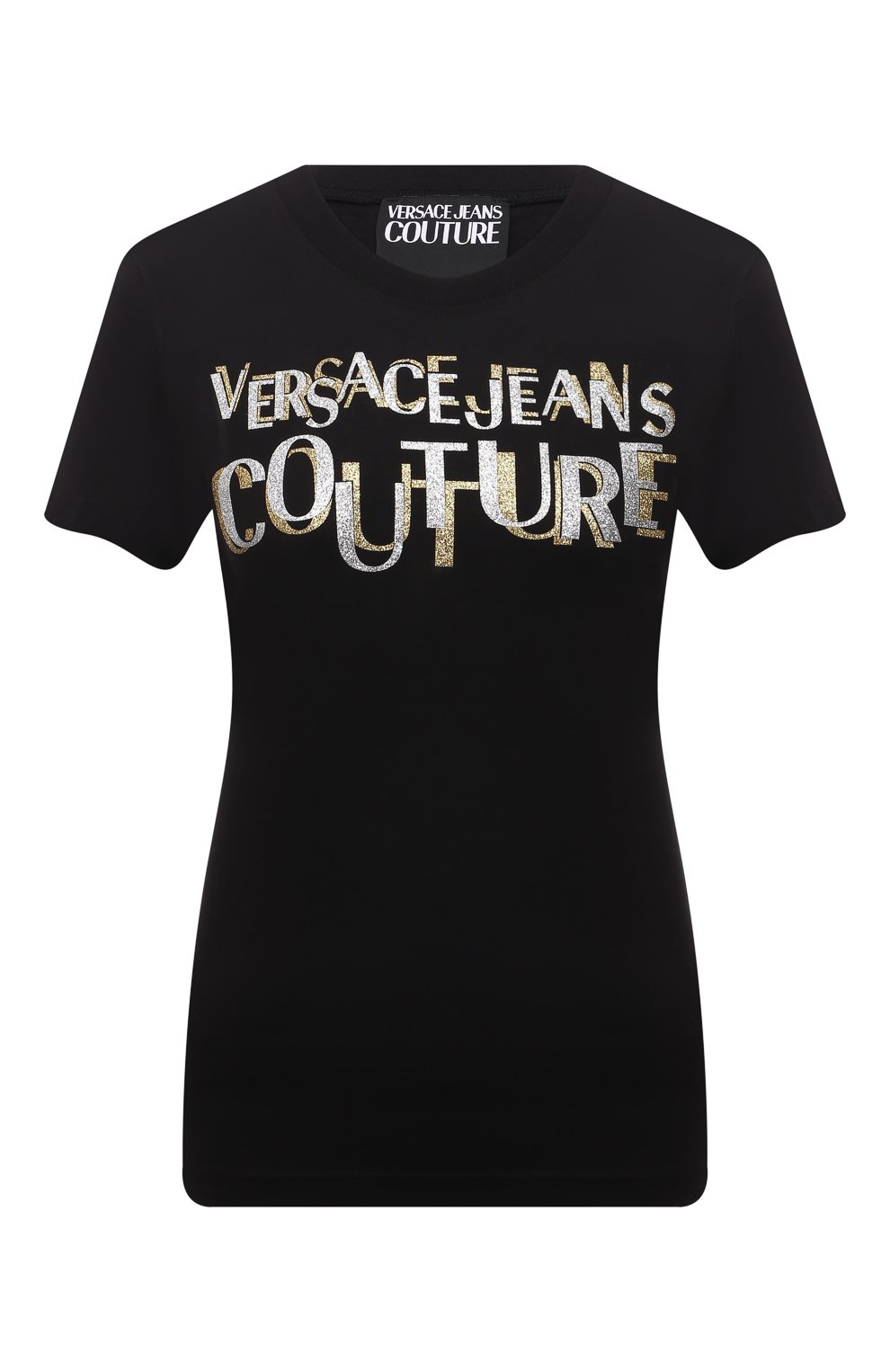 Хлопковая футболка VERSACE JEANS COUTURE черного цвета по цене 13950 руб., арт. 71HAHT02-71DP608 S 2 L0G0 GLITTER/CJ00T, фото 1 Хлопковая футболка VERSACE JEANS COUTURE, арт. 71HAHT02-71DP608 S 2 L0G0 GLITTER/CJ00T, фото 1
