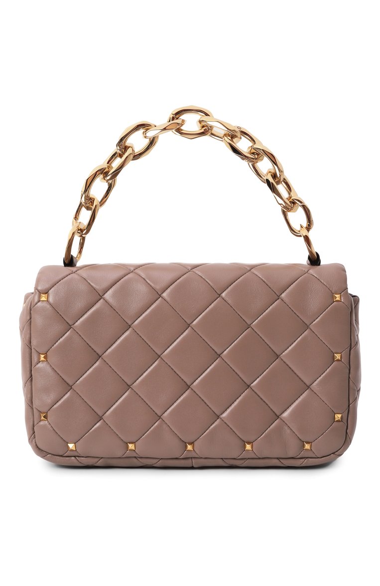 Женская сумка rockstud spike small  VALENTINO темно-бежевого цвета, арт. 5W2B0Q04/IGX | Фото 6 (Драгоценные камни: Проставлено; Материал сплава: Проставлено; Размер: small; Ремень/цепочка: На ремешке; Материал: Натуральная кожа)