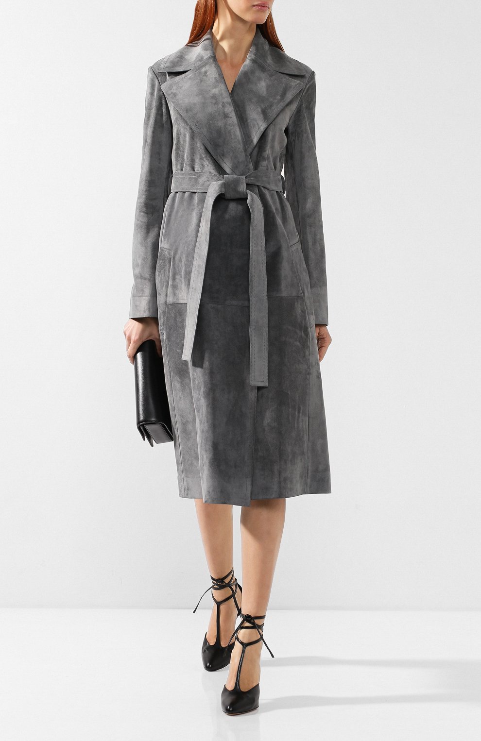 Кожаное пальто с поясом CELINE серого цвета по цене 634000 руб., арт. 28W556319, фото 2 Кожаное пальто с поясом CELINE, арт. 28W556319, фото 2