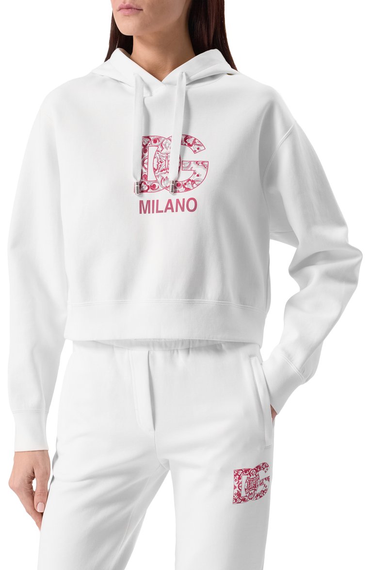 Женский хлопковое худи DOLCE & GABBANA белого цвета, арт. F9N24T/GDBY0 | Фото 3 (Длина (для топов): Стандартные; Материал внешний: Хлопок; Рукава: Длинные; Стили: Спорт-шик; Женское Кросс-КТ: Худи-одежда; Автоматизация ТО: Проставлено; Автоматизация состава: Проставлено)