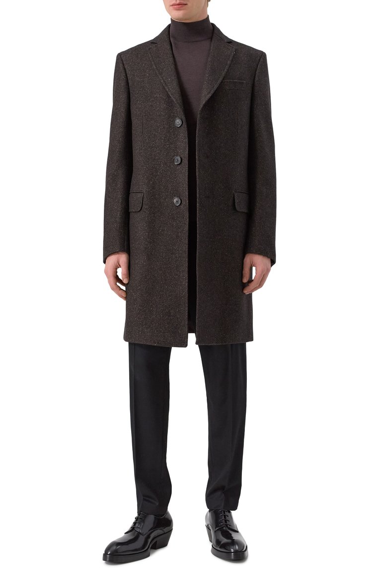 Мужской пальто из шерсти и шелка ZEGNA темно-коричневого цвета, арт. 4GJ3G0/897701A8 | Фото 2 (Материал внешний: Шерсть; Материал подклада: Вискоза; Рукава: Длинные; Длина (верхняя одежда): До середины бедра; 1-2-бортные: Однобортные; Мужское Кросс-КТ: пальто-верхняя одежда; Стили: Кэжуэл, Классический)