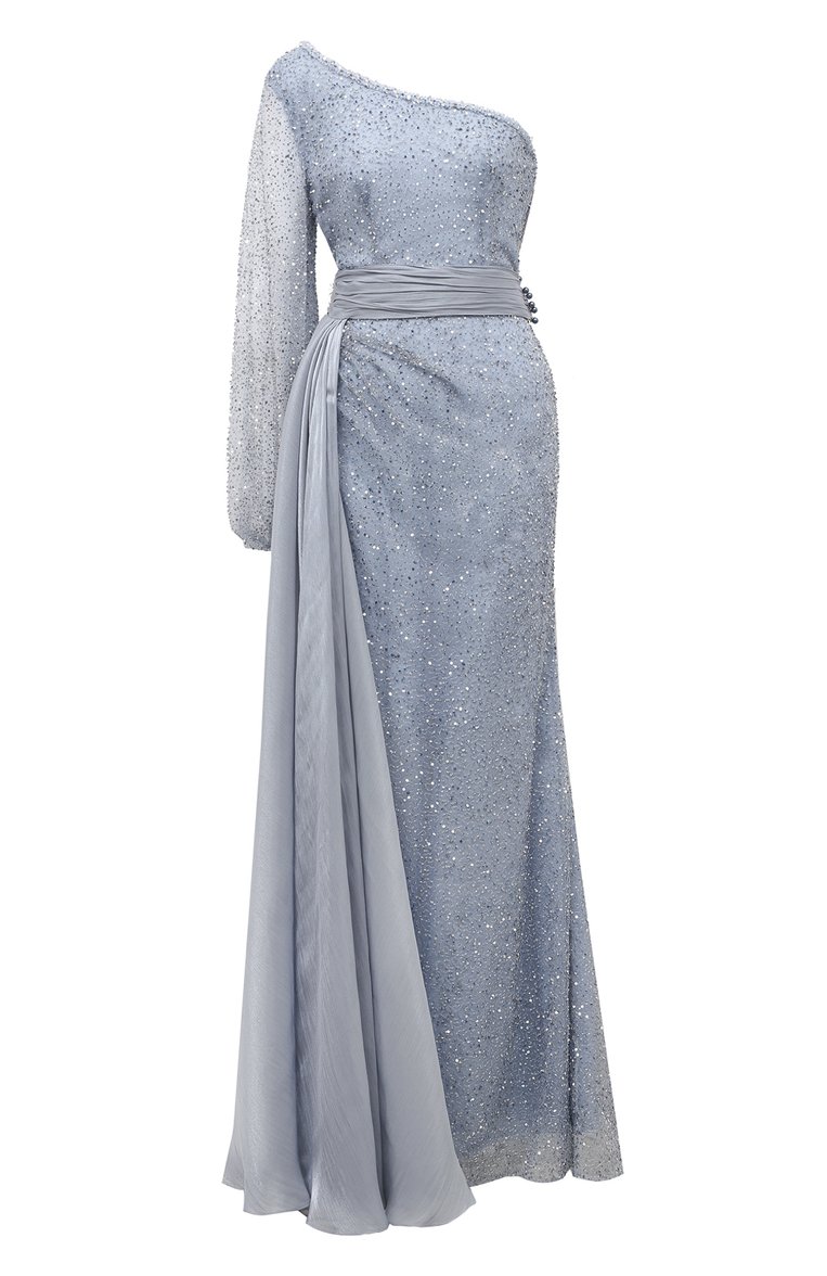 Женское платье с отделкой пайетками SPERANZA COUTURE светло-голубого цвета, арт. SC031 | Фото 1 (Рукава: Длинные; Длина Ж (юбки, платья, шорты): Макси; Материал внешний: Синтетический материал; Женское Кросс-КТ: Платье-одежда; Случай: Вечерний; Стили: Гламурный)