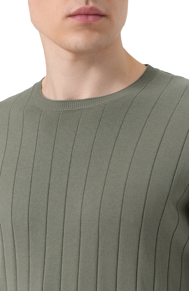 Мужской хлопковый джемпер CORNELIANI светло-зеленого цвета, арт. 25M513-2525153 | Фото 5 (Рукава: Длинные; Длина (для топов): Стандартные; Стили: Кэжуэл, Спорт-шик; Принт: Без принта; Мужское Кросс-КТ: Джемперы; Вырез: Круглый; Материал внешний: Хлопок)