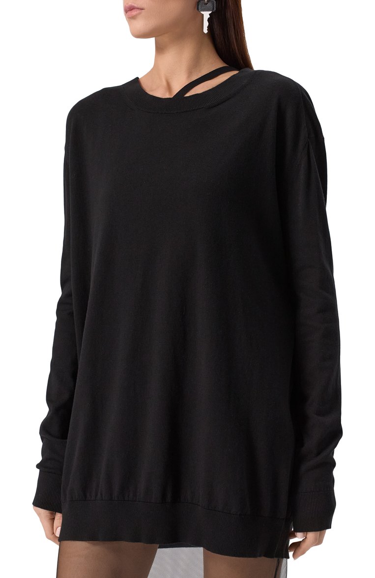 Женский пуловер из хлопка и кашемира ANN DEMEULEMEESTER черного цвета, арт. B0012521/KN055 | Фото 3 (Длина (для топов): Удлиненные; Материал внешний: Шерсть, Кашемир, Хлопок; Рукава: Длинные; Женское Кросс-КТ: Пуловер-одежда; Стили: Минимализм)