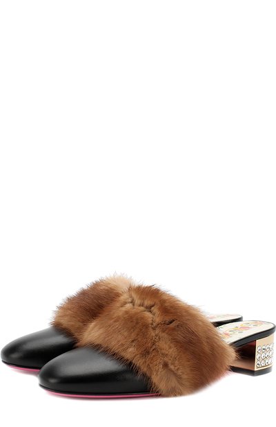 Кожаные мюли с отделкой из меха норки на декорированном каблуке GUCCI, арт. 502872/EYR40, фото 1