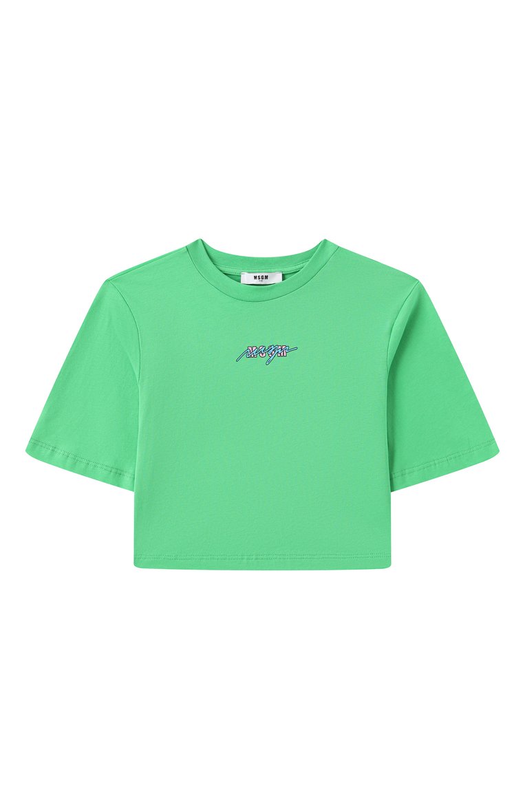 Детская хлопковая футболка MSGM KIDS зеленого цвета, арт. S5MSJGTH080 | Фото 1 (Материал сплава: Проставлено; Драгоценные камни: Проставлено; Рукава: Короткие; Девочки Кросс-КТ: футболка-одежда, Футболка-спорт; Материал внешний: Хлопок; Ростовка одежда: 6 лет | 116 см, 10 - 11 лет | 140 - 146см, 8 лет | 128 см, 12 лет | 152 см, 16 лет | 164 см)
