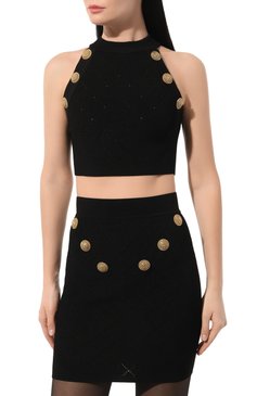 Женский топ из вискозы BALMAIN черного цвета, арт. CF1AB390/KF53 | Фото 3 (Материал сплава: Проставлено; Длина (для топов): Укороченные; Материал внешний: Вискоза; Драгоценные камни: Проставлено; Стили: Романтичный)