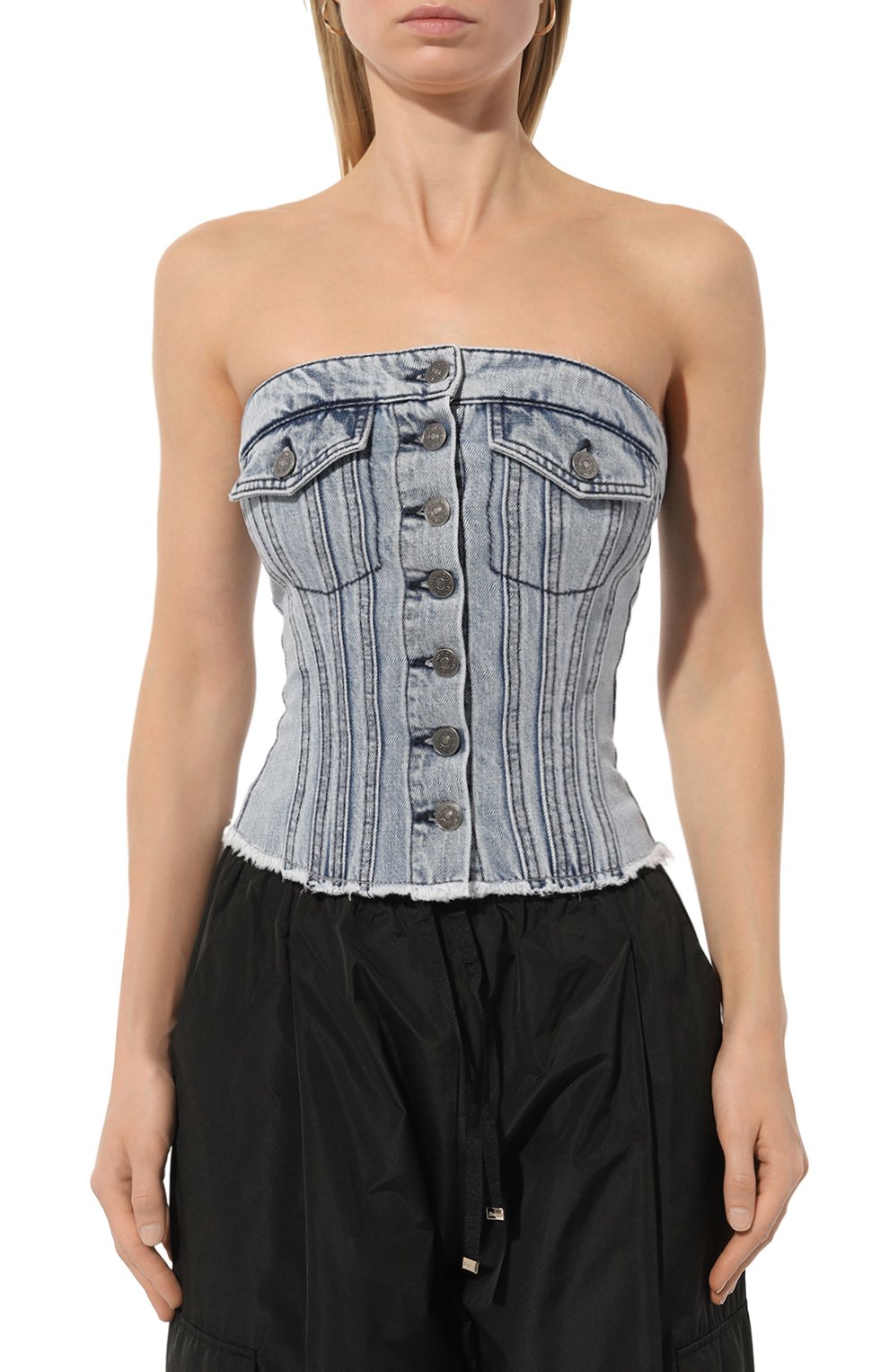 Джинсовый топ-корсет DONDUP голубого цвета по цене 33600 руб., арт. DC366/DF0260D HG5, фото 3 Джинсовый топ-корсет DONDUP, арт. DC366/DF0260D HG5, фото 3