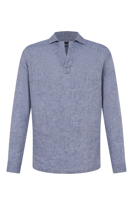 Мужская льняная рубашка GIORGIO ARMANI синего цвета, арт. GM000316/AF18950 | Фото 1 (Автоматизация ТО: Проставлено; Материал внешний: Лен; Рукава: Длинные; Длина (для топов): Стандартные; Автоматизация состава: Проставлено)