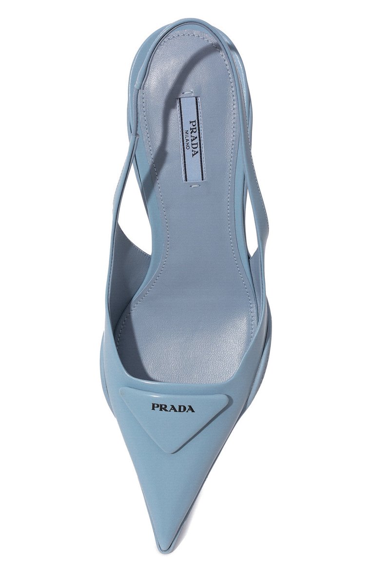 Женские кожаные туфли PRADA голубого цвета, арт. 1I565M-055-F0076-A045 | Фото 6 (Каблук высота: Низкий, Средний; Материал сплава: Проставлено; Подошва: Плоская; Каблук тип: Kitten heel; Драгоценные камни: Проставлено)