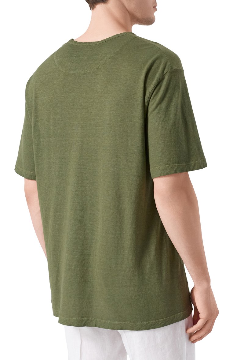 Мужская футболка из хлопка и льна 120% LINO хаки цвета, арт. 32ALIM79GR/G308/S01 | Фото 4 (Длина (для топов): Удлиненные; Материал внешний: Лен, Хлопок; Рукава: Короткие; Принт: Без принта; Стили: Кэжуэл; Кросс-КТ: Джерси; Мужское Кросс-КТ: Футболка-одежда)