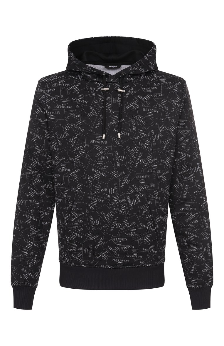 Мужской худи BALMAIN черного цвета, арт. EH1JT047/GE38 | Фото 1 (Длина (для топов): Стандартные; Материал внешний: Хлопок, Синтетический материал; Рукава: Длин�ные; Принт: С принтом; Мужское Кросс-КТ: Худи-одежда; Стили: Спорт-шик)