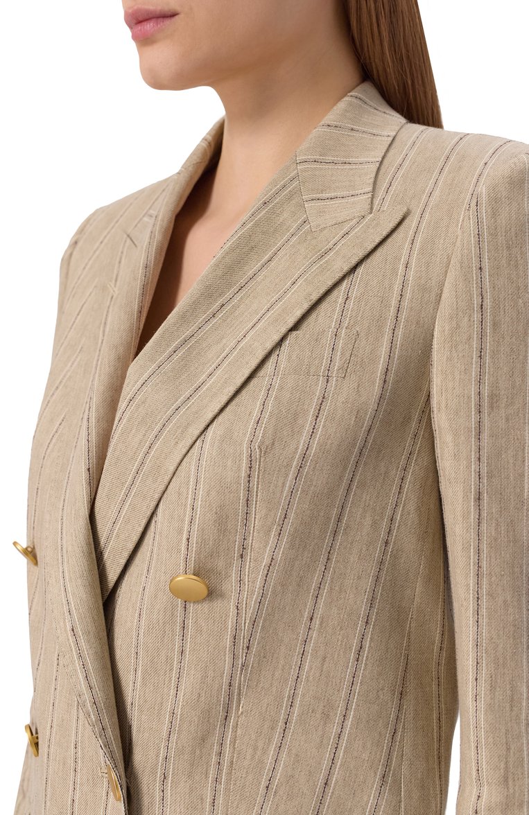 Женский жакет из льна и хлопка TAGLIATORE 0205 бежевого цвета, арт. J-JASMINE10B/340310 | Фото 5 (Материал внешний: Лен, Хлопок; Рукава: Длинные; Длина (для топов): Удлиненные; Кросс-КТ: костюм; Женское Кросс-КТ: Жакет-одежда; Стили: Кэжуэл; 1-2-бортные: Двубортные; Автоматизация ТО: Проставлено; Автоматизация состава: Проставлено)