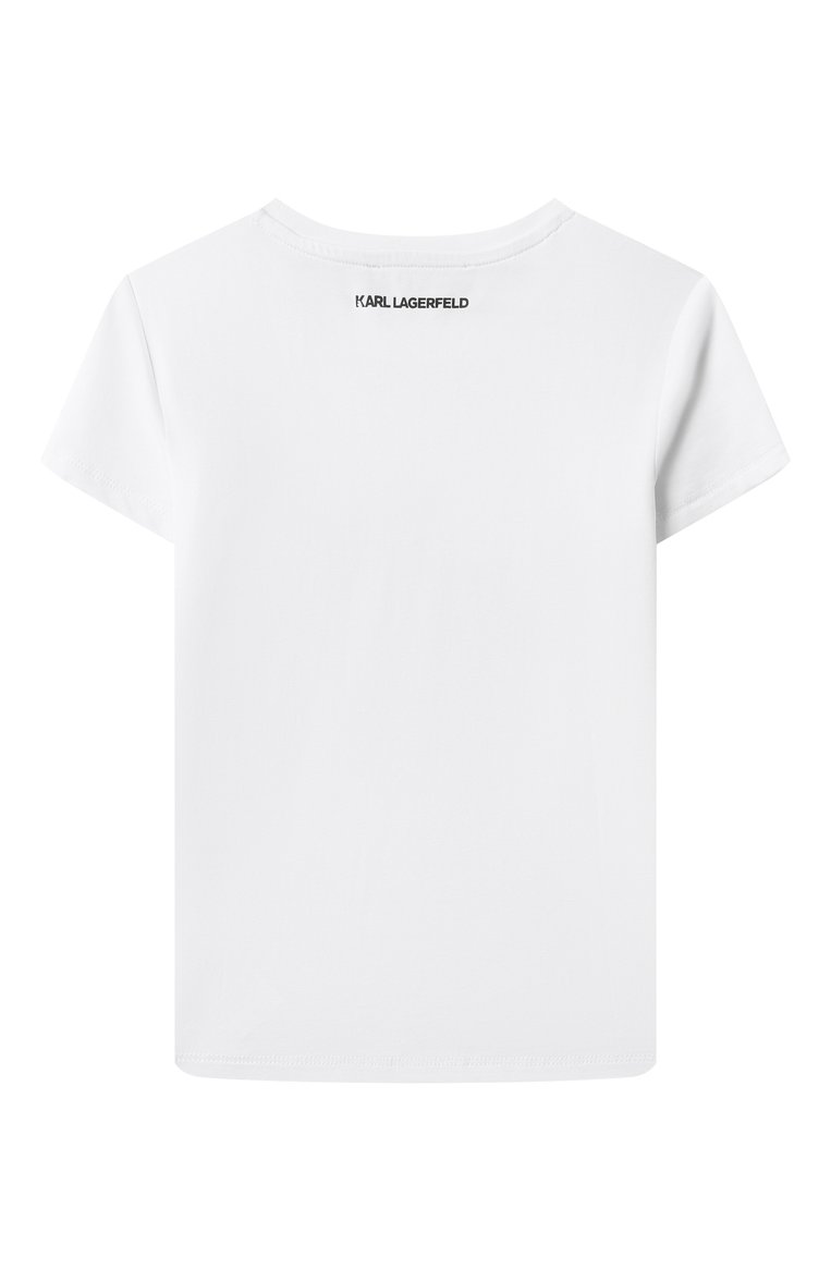Детская хлопковая футболка KARL LAGERFELD KIDS белого цвета, арт. Z30489 | Фото 2 (Драгоценные камни: Проставлено; Материал сплава: Проставлено; Рукава: Короткие; Материал внешний: Хлопок; Девочки Кросс-КТ: футболка-одежда; Ростовка одежда: 5 лет | 110 см, 9 лет | 134 см, 7 лет | 122 см, 12 лет | 152 см, 13 - 15 лет | 158 см, 16 лет | 164 см)