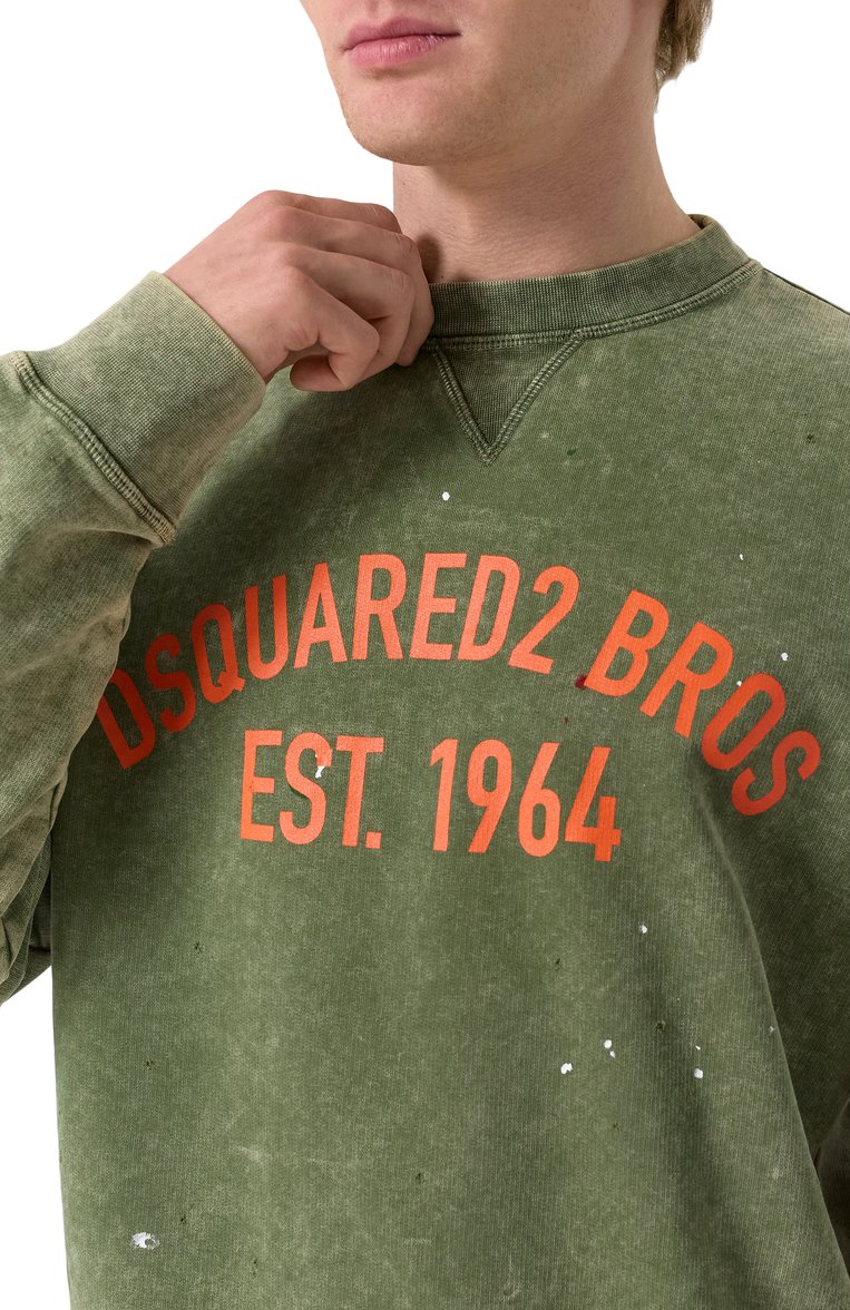 Мужской хлопковый свитшот DSQUARED2 хаки цвета, арт. S74GU0847/S25030 | Фото 5 (Драгоценные камни: Проставлено; Материал сплава: Проставлено; Длина (для топов): Стандартные; Рукава: Длинные; Принт: С принтом; Мужское Кросс-КТ: свитшот-одежда; Стили: Кэжуэл; Материал внешний: Хлопок)