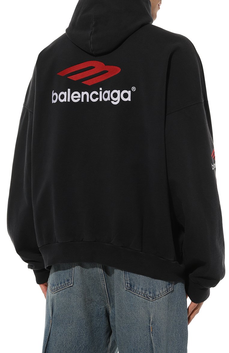 Мужской хлопковое худи BALENCIAGA черного цвета, арт. 739024/TPVD8 | Фото 4 (Материал внешний: Хлопок; Рукава: Длинные; Длина (для топов): Стандартные; Принт: С принтом; Стили: Кэжуэл; Мужское Кросс-КТ: Худи-одежда)