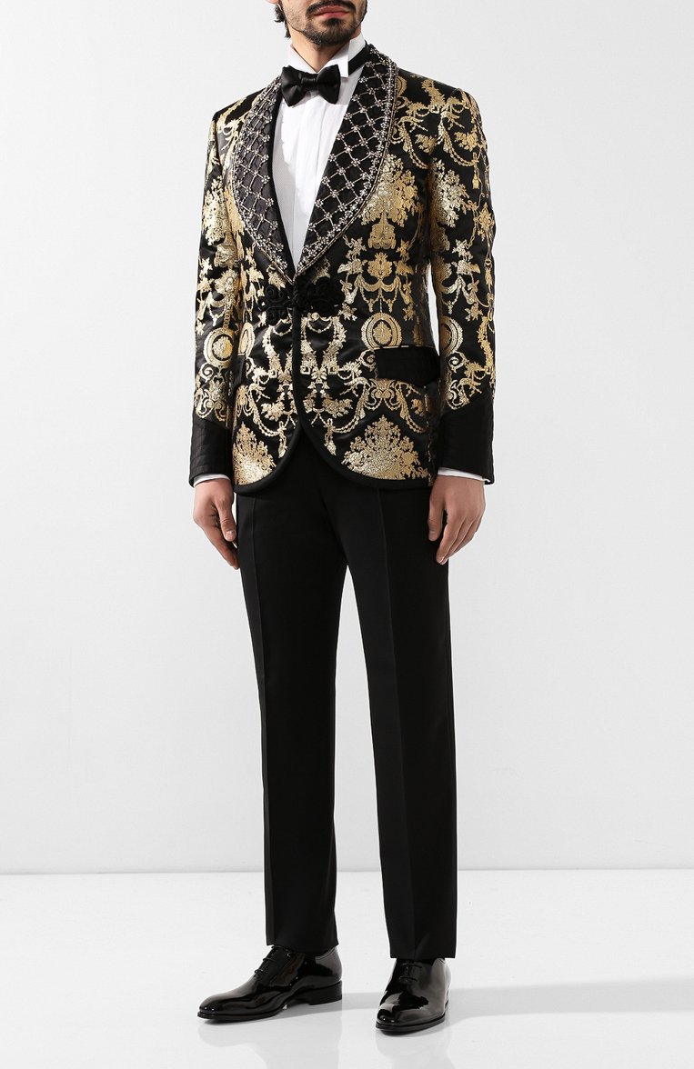 Мужской пиджак DOLCE & GABBANA золотого цвета, арт. G2NG4Z/HJMG2 | Фото 2 (Материал внешний: Полиэстер, Синтетический материал; Рукава: Длинные; Статус проверки: Проверено, Проверена категория; Материал подклада: Шелк; Длина (для топов): Стандартные; 1-2-бортные: Однобортные; Пиджаки М: Приталенный; Случай: Вечерний; Стили: Гламурный; Материал сплава: Проставлено, Проверено; Драгоценные камни: Проставлено)