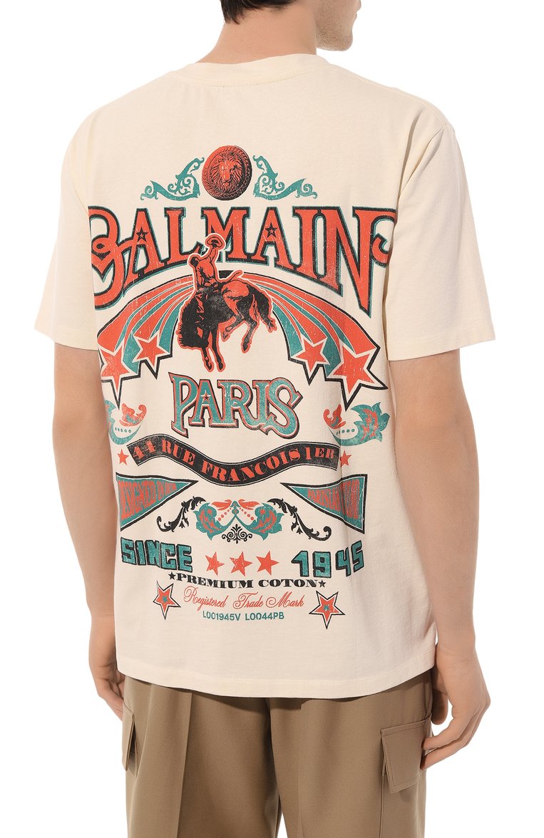 Мужская хлопковая футболка BALMAIN кремового цвета, арт. CH1EG000/GD26 | Фото 4 (Рукава: Короткие; Длина (для топов): Стандартные; Материал внешний: Хлопок; Принт: С принтом; Стили: Спорт-шик; Мужское Кросс-КТ: Футболка-одежда; Кросс-КТ: Джерси; Детали: Без декора; Автоматизация ТО: Проставлено; Автоматизация состава: Проставлено)