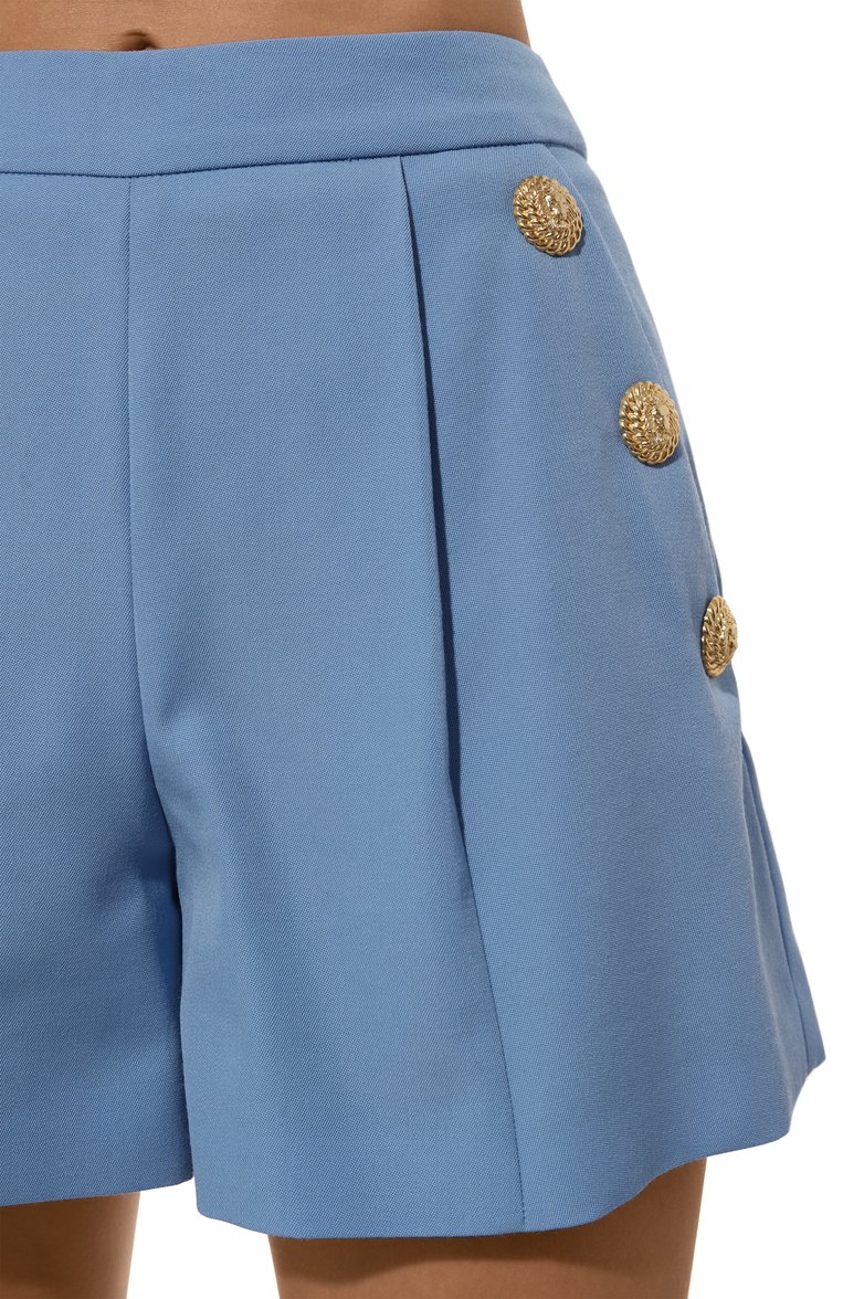 Женские шерстяные шорты BALMAIN голубого цвета, арт. CF0PA235/WC09 | Фото 5 (Драгоценные камни: Проставлено; Материал сплава: Проставлено; Длина Ж (юбки, платья, шорты): Мини; Материал внешний: Шерсть; Стили: Кэжуэл)