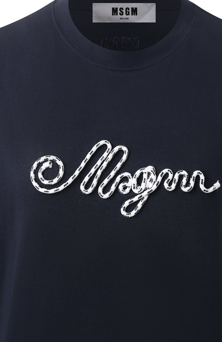 Женская хлопковая футболка MSGM синего цвета, арт. 3841MDM130/257097 | Фото 6 (Материал внешний: Хлопок; Длина (для топов): Стандартные; Материал сплава: Проставлено; Рукава: Короткие; Драгоценные камни: Проставлено; Принт: С принтом; Стили: Кэжуэл; Женское Кросс-КТ: Футболка-одежда)
