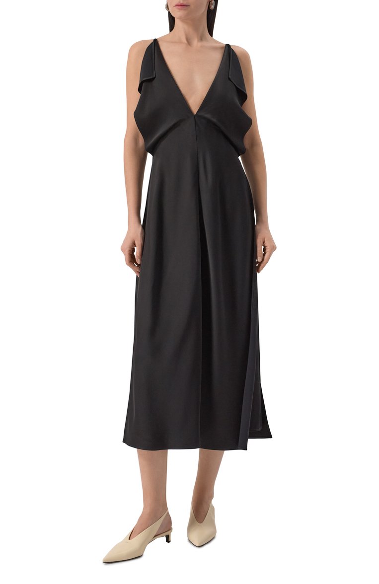 Женское атласное платье JIL SANDER черного цвета, арт. J02CT0469-J76018 | Фото 3 (Длина Ж (юбки, платья, шорты): Миди; Стили: Минимализм; Случай: Повседневный; Женское Кросс-КТ: Платье-одежда; Материал внешний: Синтетический материал; Автоматизация состава: Проставлено; Автоматизация ТО: Проставлено; Рукава: На бретелях)