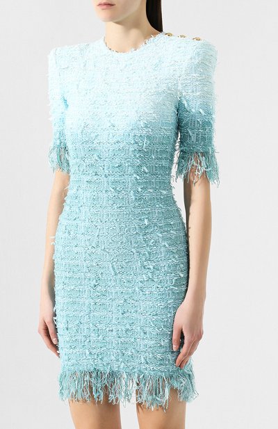 Платье с бахромой BALMAIN бирюзового цвета по цене 226500 руб., арт. RF16616/K299, фото 3 Платье с бахромой BALMAIN, арт. RF16616/K299, фото 3