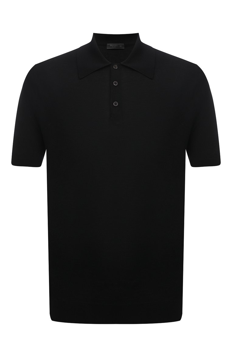 Мужская шерстяное поло PRADA черного цвета, арт. UMA290-C5W-F0002-151 | Фото 1 (Рукава: Короткие; Материал внешний: Шерсть; Длина (для топов): Стандартные; Застежка: Пуговицы; Кросс-КТ: Трикотаж; Стили: Кэжуэл; Принт: Без принта; Автоматизация ТО: Проставлено; Автоматизация состава: Проставлено; Детали: Без декора)
