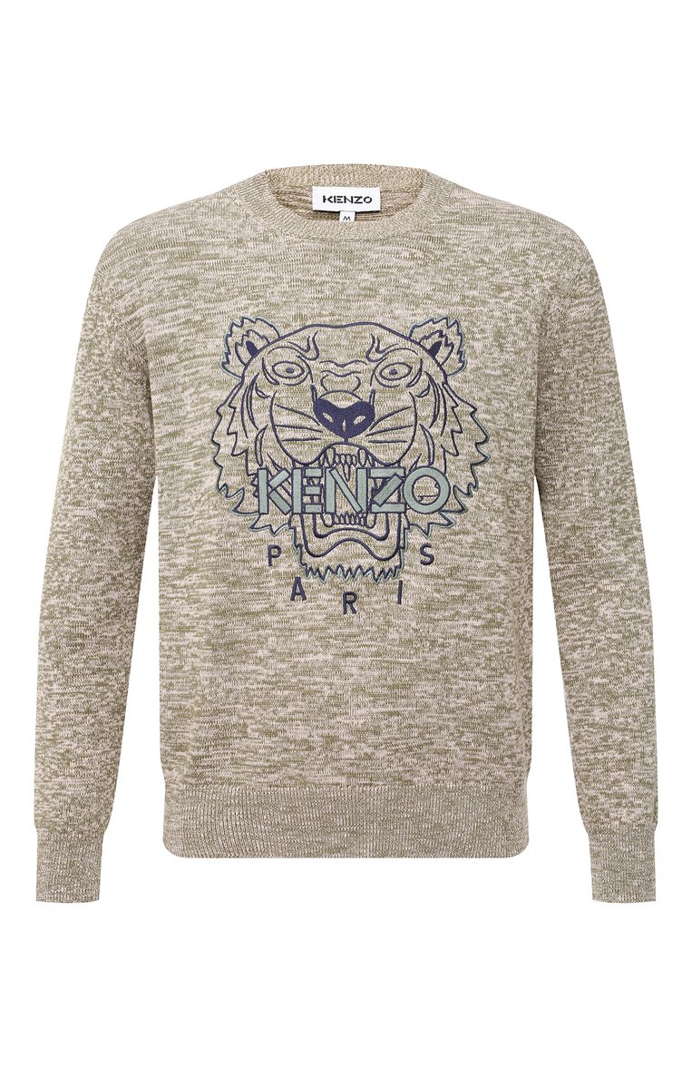 Мужской хлопковый свитер KENZO хаки цвета, арт. FC55PU6993XA | Фото 1 (Рукава: Длинные; Длина (для топов): Стандартные; Материал внешний: Хлопок; Мужское Кросс-КТ: Свитер-одежда; Принт: С принтом; Стили: Кэжуэл; Нос: Не проставлено)