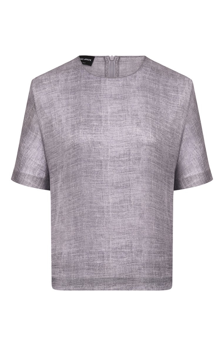 Женский шелковый топ GIORGIO ARMANI синего цвета, арт. GW000772/TE13902 | Фото 1 (Материал внешний: Шелк; Длина (для топов): Стандартные; Стили: Кэжуэл; Рукава: Короткие)
