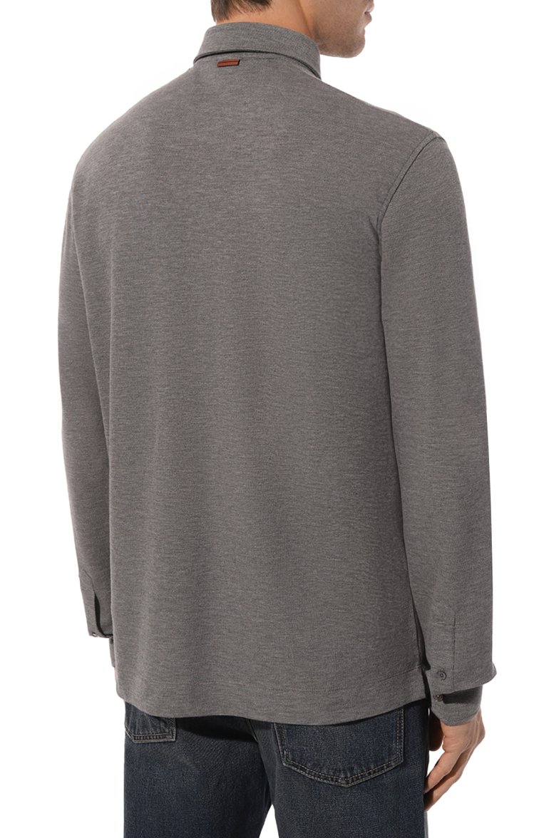 Мужское хлопковое поло ZEGNA серого цвета, арт. UD392A7/D757 | Фото 4 (Длина (для топов): Стандартные; Рукава: Длинные; Материал внешний: Хлопок; Застежка: Пуговицы; Стили: Кэжуэл; Принт: Без принта; Мужское Кросс-КТ: Футболка-одежда)