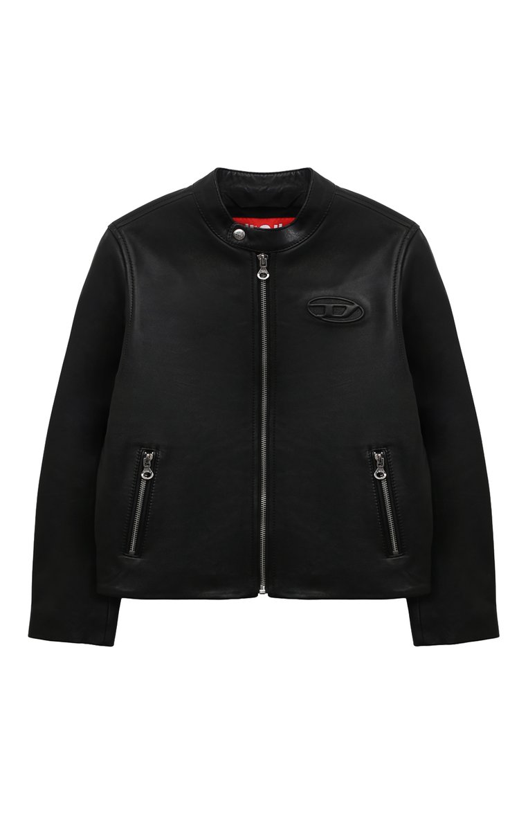 Детского кожаная куртка DIESEL черного цвета, арт. J01741/0AJIR | Фото 1 (Рукава: Длинные; Материал подклада: Вискоза; Материал внешний: Натуральная кожа; Кросс-КТ: Демисезон; Автоматизация состава: Проставлено; Автоматизация ТО: Проставлено)