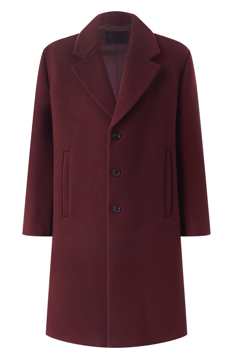 Мужской пальто из шерсти и кашемира PRADA бордового цвета, арт. SGB840-1ZC2-F0403-212 | Фото 1 (1-2-бортные: Однобортные; Материал внешний: Шерсть; Рукава: Длинные; Мужское Кросс-КТ: пальто-верхняя одежда; Длина (верхняя одежда): До колена; Стили: Кэжуэл)