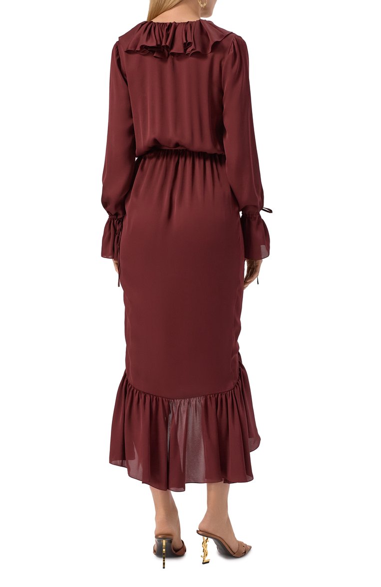 Женское шелковое платье SAINT LAURENT бордового цвета, арт. 814446/Y720W | Фото 4 (Рукава: Длинные; Автоматизация ТО: Проставлено; Материал внешний: Шелк; Длина Ж (юбки, платья, шорты): Макси; Автоматизация состава: Проставлено; Женское Кросс-КТ: Платье-одежда; Случай: Коктейльный; Стили: Кэжуэл)