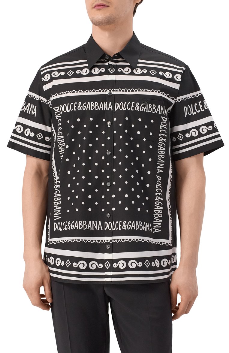 Мужская хлопковая рубашка DOLCE & GABBANA черно-белого цвета, арт. G5LG9T/FI5KQ | Фото 3 (Материал внешний: Хлопок; Рукава: Короткие; Длина (для топов): Стандартные; Принт: С принтом; Случай: Повседневный; Воротник: Кент; Стили: Гламурный; Автоматизация состава: Проставлено; Автоматизация ТО: Проставлено; Размерность: Идёт в размер; Детали: Без декора)
