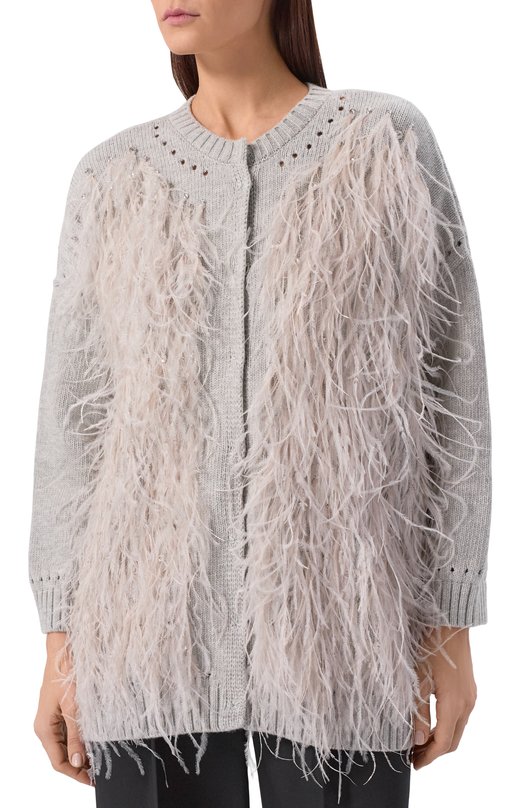 Шерстяной кардиган с отделкой перьями Dice Kayek PF25K80520 LCR GREY Серый  PF25K80520 LCR GREY Фото 3