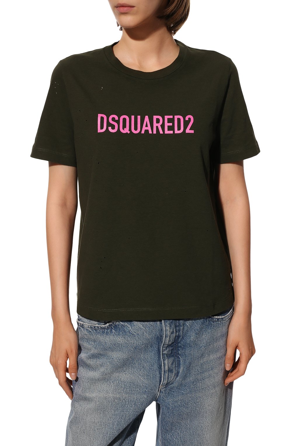 Хлопковая футболка DSQUARED2 хаки цвета по цене 39950 руб., арт. S75GD0309/S22507, фото 3 Хлопковая футболка DSQUARED2, арт. S75GD0309/S22507, фото 3