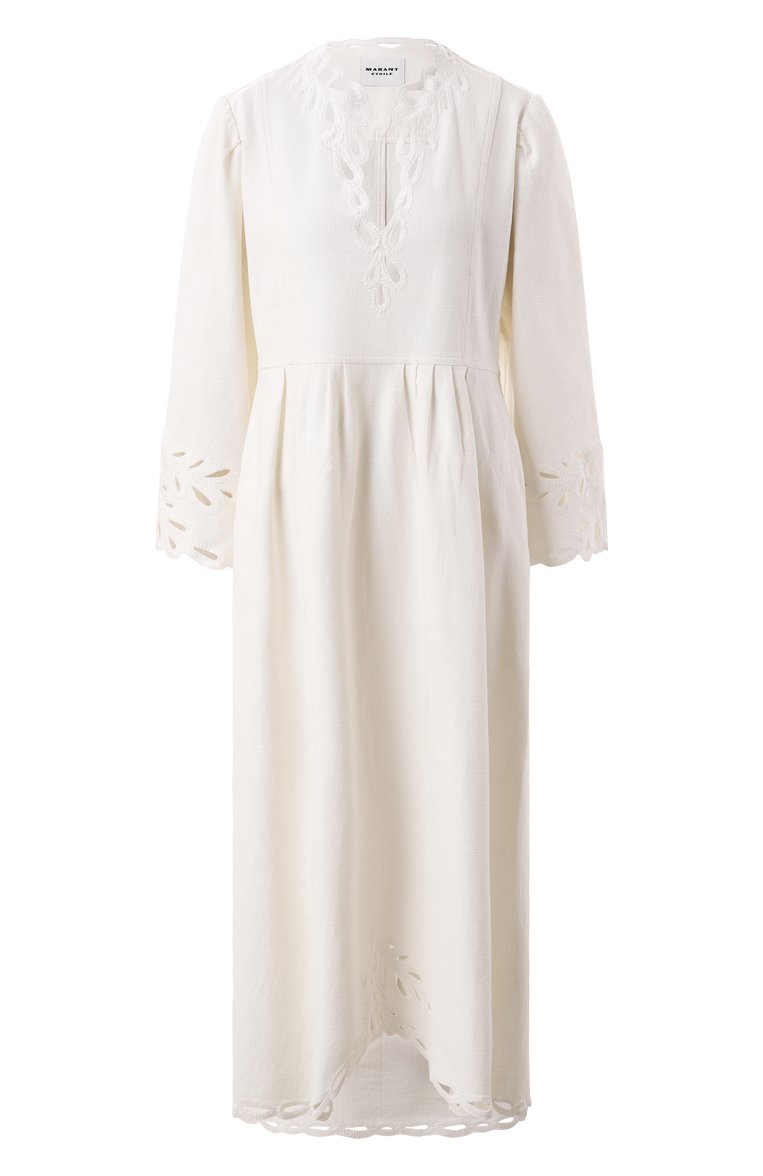 Женское хлопковое платье ISABEL MARANT ETOILE белого цвета, арт. 25PR00656FA/C1J12E | Фото 1 (Драгоценные камни: Проставлено; Рукава: Длинные; Материал сплава: Проставлено; Длина Ж (юбки, платья, шорты): Миди; Женское Кросс-КТ: Платье-одежда; Случай: Повседневный; Стили: Романтичный; Материал внешний: Хлопок)