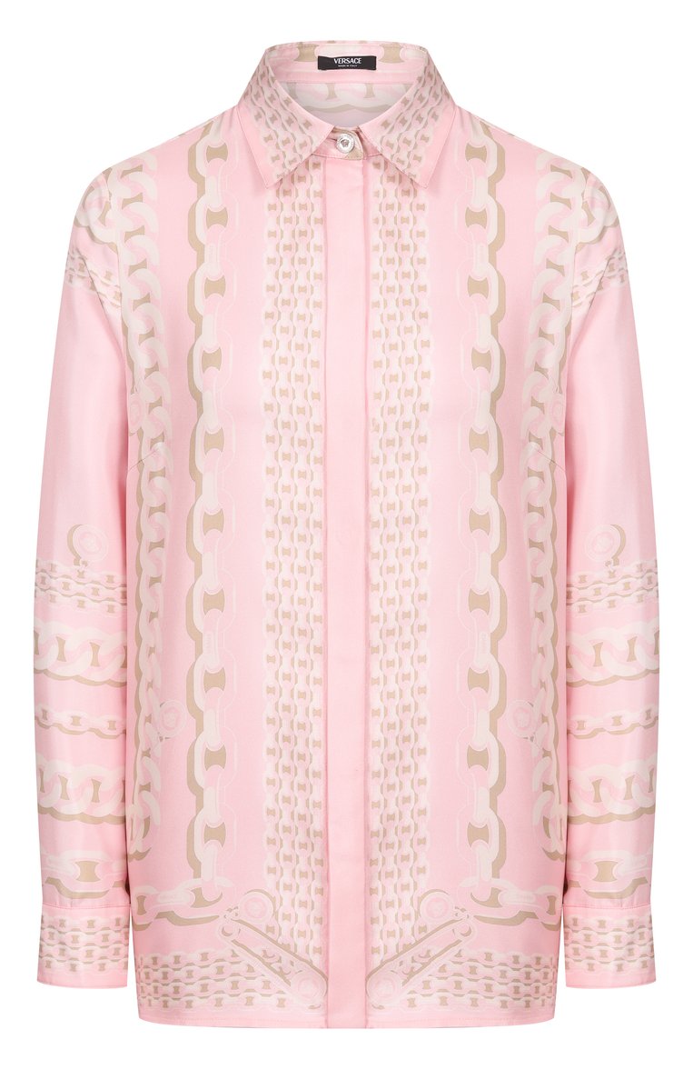 Женская шелковая рубашка VERSACE розового цвета, арт. 1001360/1A13638 | Фото 1 (Материал внешний: Шелк; Рукава: Длинные; Длина (для топов): Стандартные; Стили: Гламурный; Женское Кросс-КТ: Рубашка-одежда; Принт: С принтом)