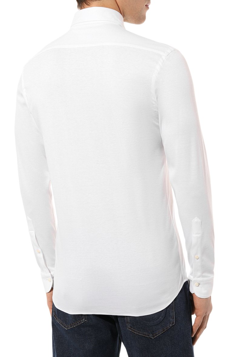 Мужская хлопковая рубашка VAN LAACK белого цвета, арт. PER-LSF/180031 | Фото 4 (Манжеты: На пуговицах; Рукава: Длинные; Воротник: Акула; Случай: Повседневный; Длина (для топов): Стандартные; Рубашки М: Slim Fit; Материал сплава: Проставлено; Материал внешний: Хлопок; Принт: Однотонные; Драгоценные камни: Проставлено; Стили: Кэжуэл)