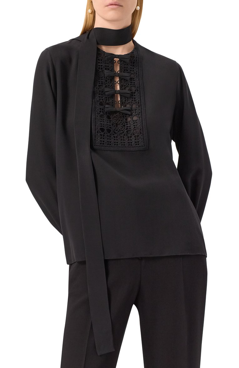 Женская шелковая блузка ELIE SAAB черного цвета, арт. T0168 | Фото 3 (Материал внешний: Шелк; Длина (для топов): Стандартные; Рукава: Длинные; Стили: Кэжуэл; Принт: Без принта; Женское Кросс-КТ: Блуза-одежда)