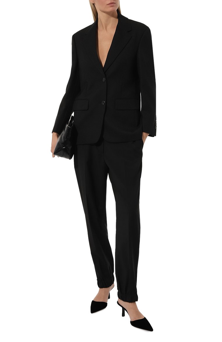 Женский шерстяной жакет PRADA черного цвета, арт. P599L-1ZM7-F0002-212 | Фото 2 (Материал внешний: Шерсть; Длина (для топов): Удлиненные; Рукава: Длинные; 1-2-бортные: Однобортные; Женское Кросс-КТ: Жакет-одежда; Стили: Классический; Автоматизация состава: Проставлено; Автоматизация ТО: Проставлено)
