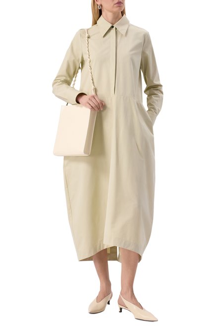 Женское хлопковое платье JIL SANDER светло-зеленого цвета, арт. J04CT0005-J45002 | Фото 2 (Длина Ж (юбки, платья, шорты): Миди; Рукава: Длинные; Драгоценные камни: Проставлено; Материал сплава: Проставлено)