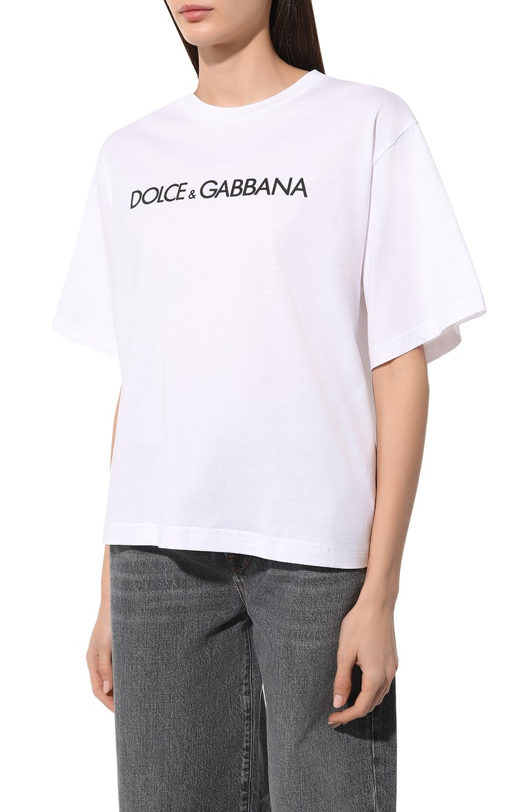 Женская хлопковая футболка DOLCE & GABBANA белого цвета, арт. F8U10T/G7H4P | Фото 3 (Рукава: Короткие; Длина (для топов): Стандартные; Принт: С принтом; Материал сплава: Проставлено; Материал внешний: Хлопок; Женское Кросс-КТ: Футбо�лка-одежда; Драгоценные камни: Проставлено; Стили: Кэжуэл)